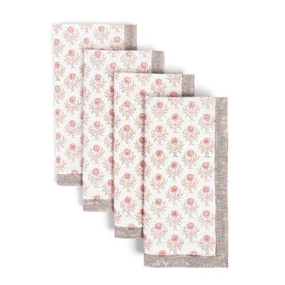 Hand-Blocked Cloth Napkins: Pink Bloom - Set of 4