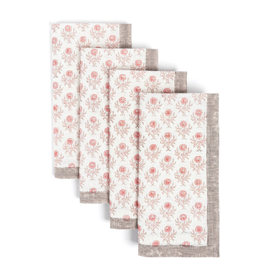Hand-Blocked Cloth Napkins: Pink Bloom - Set of 4