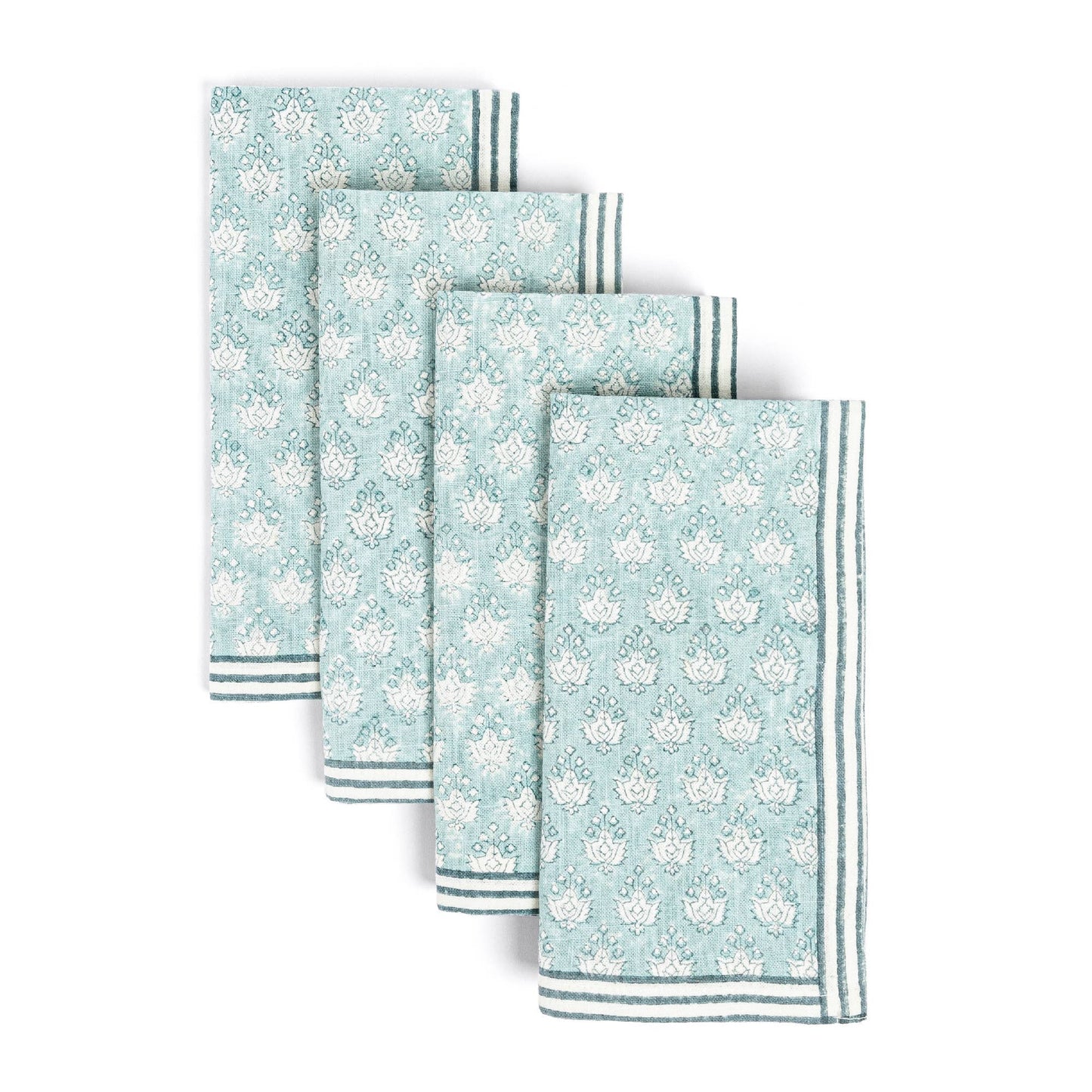 Hand-Blocked Cloth Napkins: Blue Leaf - Set of 4