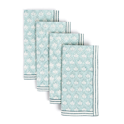 Hand-Blocked Cloth Napkins: Blue Leaf - Set of 4